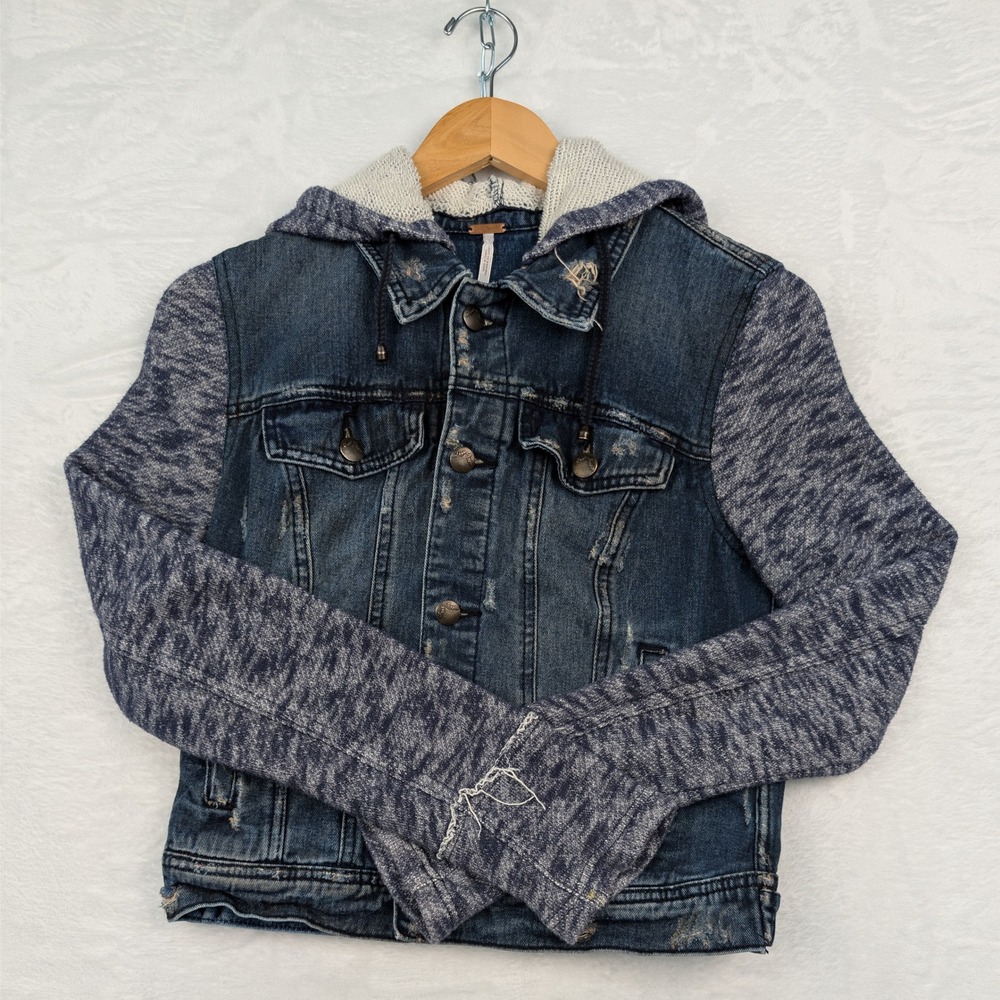 Free People Jacket‎ Women's S Blue Distressed Mixed Media Jean Hoodie Boho Y2K